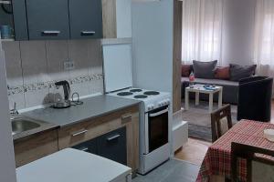 een keuken met een fornuis en een woonkamer bij Dream in Pančevo
