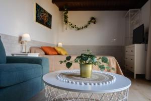 Mini Loft Tesa في Mácher: غرفة معيشة مع طاولة عليها نباتات الفخار