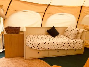 een bed in een speeltent met kussens erop bij Minicamping Kleintje Zandpol 