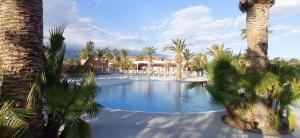 a swimming pool with palm trees and a house at HappyMobilhome Argelès-sur-mer -plage à 500m- Camping 4 étoiles Del Mar in Argelès-sur-Mer