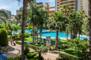 vistas a una piscina con palmeras y edificios en Gemelos 22 Resort Apartment 3-1C Levante Beach, en Benidorm