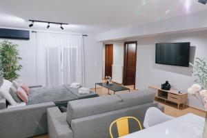 uma sala de estar com um sofá e uma televisão em C Apartments em Melissátika