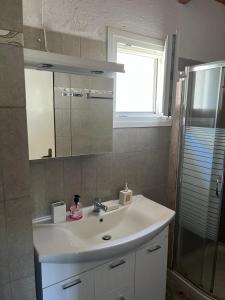 a bathroom with a white sink and a mirror at Hamre Apartments (Nicholas) in Agios Georgios Pagon