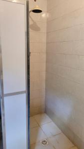 a shower with a glass door in a bathroom at Sítio das Valquírias in Taquaraçu