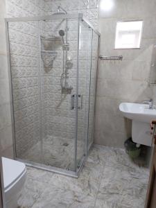 a shower stall in a bathroom with a toilet and a sink at Quiet Place in Gabala