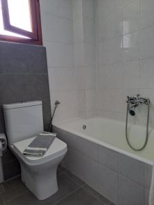 a bathroom with a toilet and a bath tub at Studios Stavris in Frangokastello