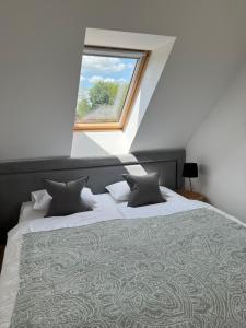 a bedroom with a large bed with a window at Osada Ladimorg in Moryń