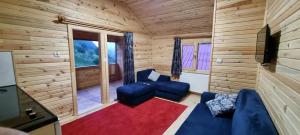 a living room with a blue couch and a television at Aslan Dağ Evleri in Uzungöl