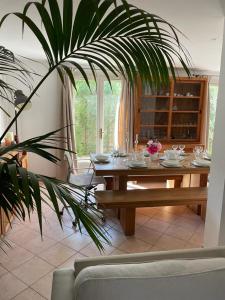 a dining room with a wooden table and a plant at Villa piscine privée in Carry-le-Rouet