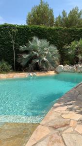 un bassin d'eau bleue avec des arbres en arrière-plan dans l'établissement Villa piscine privée, à Carry-le-Rouet
