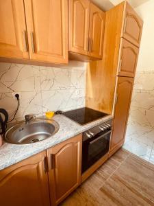 una pequeña cocina con fregadero y microondas en Cozy Weekend House Zaid, en Bihać