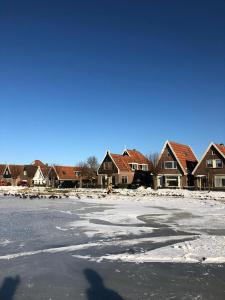 a group of houses on the shore of a frozen lake at Ingeborgh Art Gastenverblijf in Grootschermer