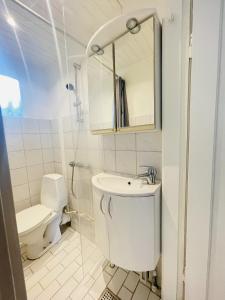 bagno bianco con servizi igienici e lavandino di aday - Modern charming apartment in Noerresundby a Nørresundby