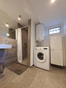 a bathroom with a washing machine and a shower at Nice 2 bedroom apartment near city center in Rijeka