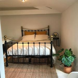 a bedroom with a bed in a room with a plant at Charming Grade 2 listed building in Wiltshire in Melksham