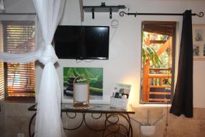 a room with a table with a television and a window at Lodge Ylang Ylang, LIANE DE JADE 974 -piscine - jacuzzi privatif in Le Bois de Nèfles