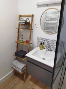 La salle de bains est pourvue d'un lavabo et d'un miroir. dans l'établissement Maison avec jardin Auxerre, à Saint-Georges-sur-Baulche