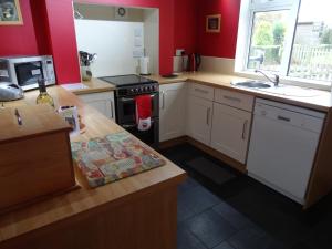 a kitchen with red walls and a stove top oven at Flo's Cottage self-catering in Newark upon Trent