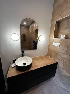 een badkamer met een wastafel en een spiegel bij Charmante longère à 700 m de la plage in Guidel