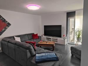 a living room with a couch and a flat screen tv at Moers City Apartments in Moers