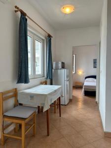 a kitchen with a table and a refrigerator in a room at Apartments Marika in Drasnice