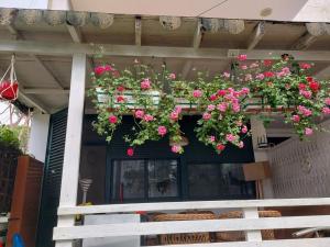 a balcony with pink flowers on a house at Shtepia e luleve in Golem