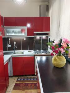 a kitchen with red cabinets and a vase of flowers on a counter at Shtepia e luleve in Golem