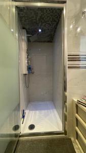 y baño con ducha y puerta de cristal. en Boadream - Lussuoso appartamento in centro storico, en Parma