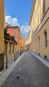una calle con dos pájaros caminando por una calle adoquinada en Boadream - Lussuoso appartamento in centro storico, en Parma