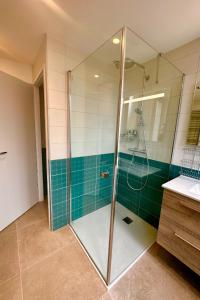 a bathroom with a shower with a glass door at Château Viéndal proche Vittel et Contrexéville in Vaudoncourt