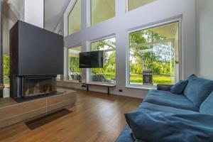 a living room with a blue couch and a fireplace at Modern villa with sauna & hot tub in Hiiumaa