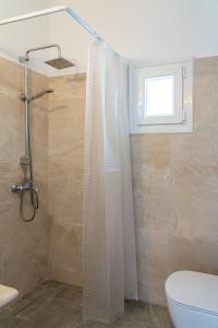 a bathroom with a shower with a toilet and a window at Eleftheria Studios in Antiparos