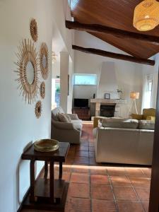 Cozy Villa Cristelo - Family & Friends في Cristelo: غرفة معيشة مع كنب وطاولة ومدفأة
