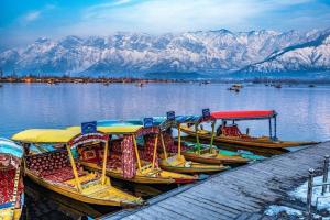 a group of boats on the water with mountains at Gulshan Group of HouseBoat in Srinagar