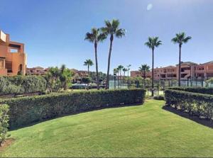 einen Park mit Palmen und Rasen in der Unterkunft Appartement luxueux, piscine, padel et golf de Doña Julia in Bahia de Casares