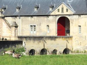 two geese in front of a building with a red door at CityKamp Valkenburg - Maastricht in Valkenburg