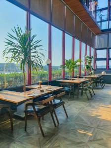 uma fila de mesas num quarto com janelas grandes em The Hong C Hotel em Gangneung