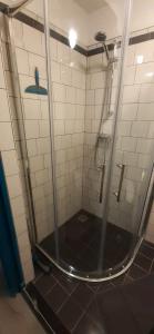 a shower in a bathroom with a black tiled floor at joni, not a hotel, not for parties in Amsterdam