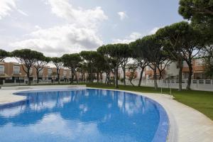 une grande piscine bleue dans une cour arborée dans l'établissement Barrosa Sol, à Chiclana de la Frontera