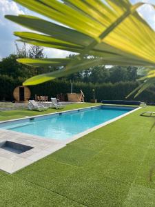 una piscina en un patio con césped verde en Les gîtes du Valjoly 1, en Touvent
