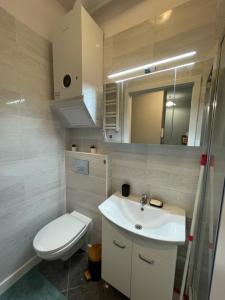 een kleine badkamer met een toilet en een wastafel bij Home3city Przytulny in Sopot