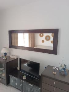 a living room with a tv and a mirror at Rose's House in Grótta