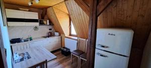 eine kleine Küche mit einem Kühlschrank und einem Tisch in der Unterkunft Apartmány Na Lontě in Cotkytle