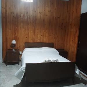 1 dormitorio con 1 cama con pared de madera en Complejo Los Platanos en General Alvear