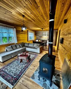 Trabzon Mountain House-UZUNLU في طرابزون: غرفة معيشة مع أريكة وموقد