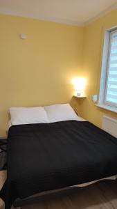 ムジェジノにあるPokoje Gościnne Wiki & Olaのベッドルーム1室(ベッド1台、黒毛布、窓付)