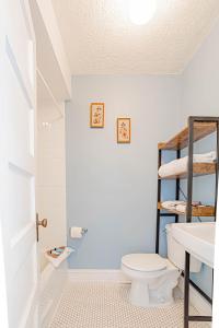 La salle de bains est pourvue de toilettes et d'un lavabo. dans l'établissement Echo Mountain Inn, à Hendersonville