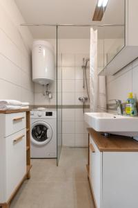 a kitchen with a washing machine and a sink at Grüne Ruhelage, 20 Minuten ins Zentrum und Parkgarage in Vienna