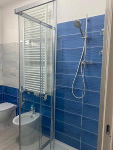 baño de azulejos azules con ducha y aseo en CADORNA, en Santa Maria del Cedro