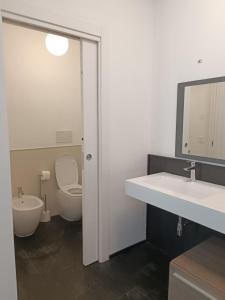 bagno con servizi igienici, lavandino e specchio di La Terrazza Di CavaLegni a Porto Santo Stefano